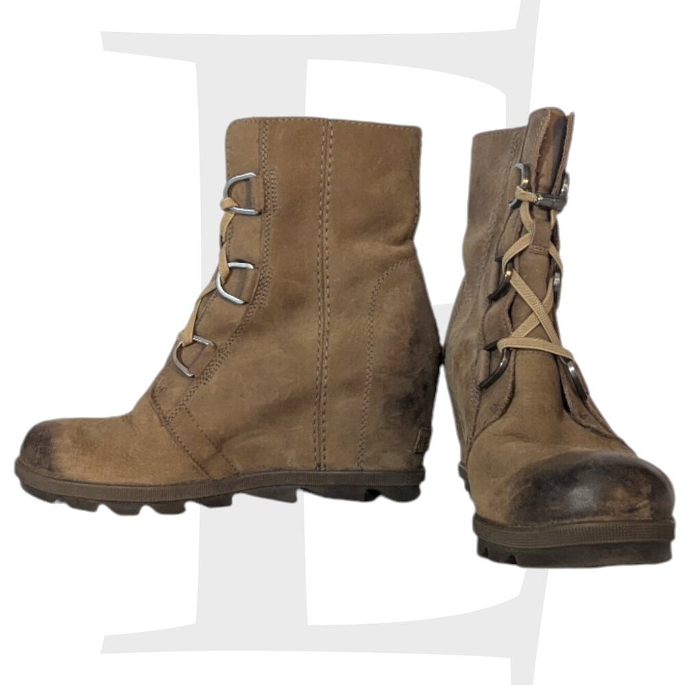 Sorel tan wedge high heel lace-up boot